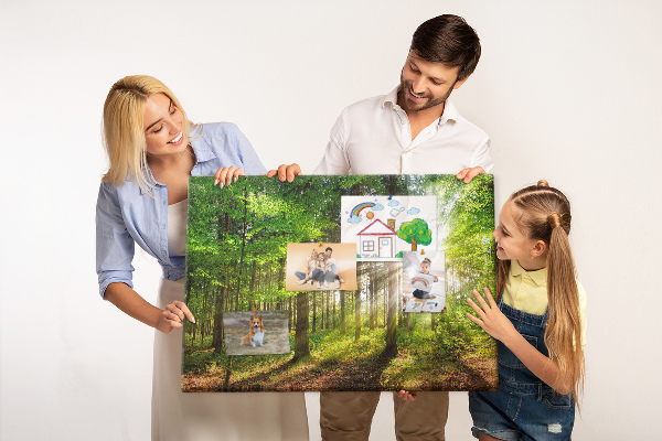 Korktafel mit dem Motiv Sonnenstrahlen im grünen Wald