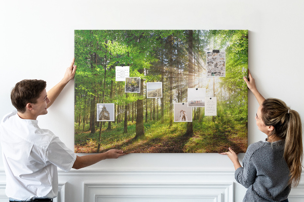 Korktafel mit dem Motiv Sonnenstrahlen im grünen Wald