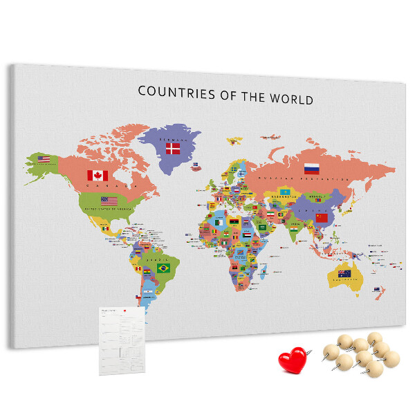 Weltkarte mit Korkrückwand mit markierten Ländern
