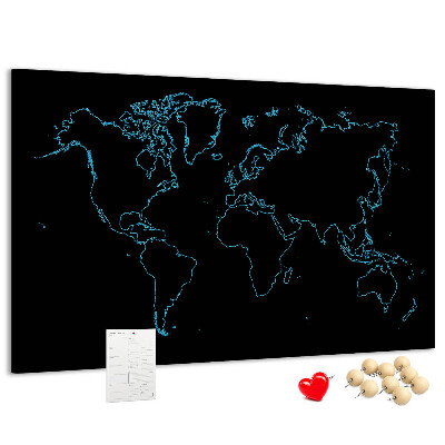 Korktafel Weltkarte auf schwarzem Hintergrund