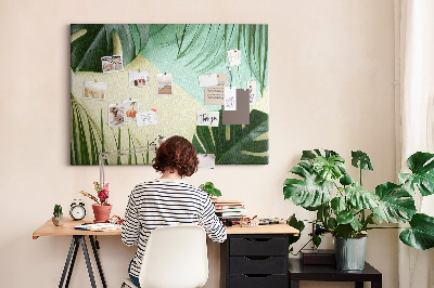 Kork-Pinnwand mit Motiv tropische Blätter auf pastellfarbenem Hintergrund