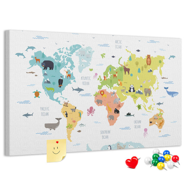Weltkarte mit Tierillustrationen auf Korkrückwand