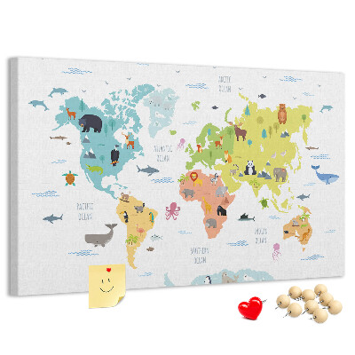 Weltkarte mit Tierillustrationen auf Korkrückwand