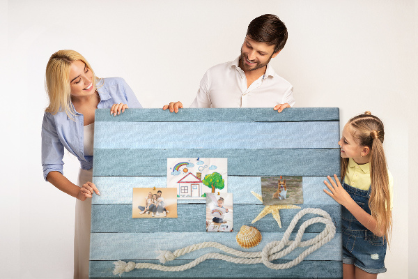 Korkbild Meereslandschaft mit Muscheln und Schnur