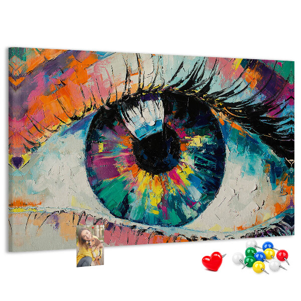 Wandbild mit Korkrückwand farbenfrohes Auge mit dynamischen Pinselstrichen