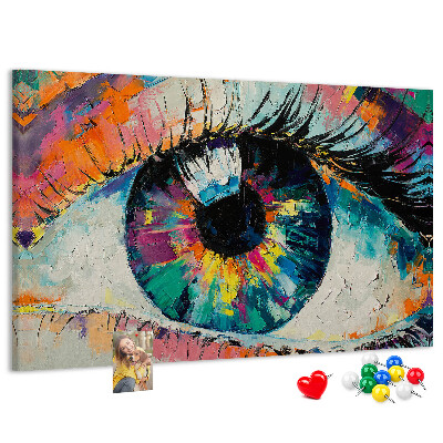 Wandbild mit Korkrückwand farbenfrohes Auge mit dynamischen Pinselstrichen