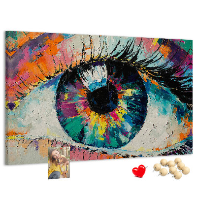 Wandbild mit Korkrückwand farbenfrohes Auge mit dynamischen Pinselstrichen