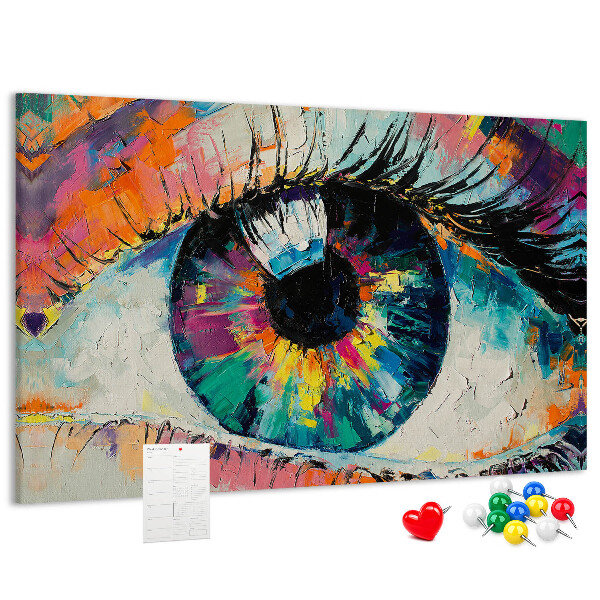 Wandbild mit Korkrückwand farbenfrohes Auge mit dynamischen Pinselstrichen