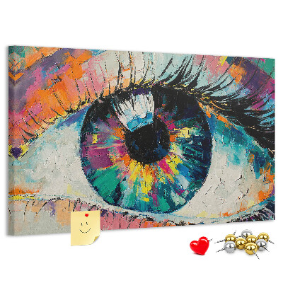 Wandbild mit Korkrückwand farbenfrohes Auge mit dynamischen Pinselstrichen