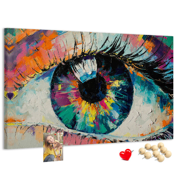 Wandbild mit Korkrückwand farbenfrohes Auge mit dynamischen Pinselstrichen