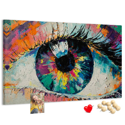 Wandbild mit Korkrückwand farbenfrohes Auge mit dynamischen Pinselstrichen