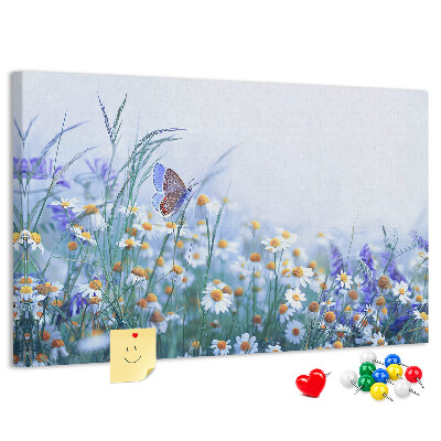 Kork-Pinnwand mit Wiesenmotiv, Schmetterlingen und Blumen