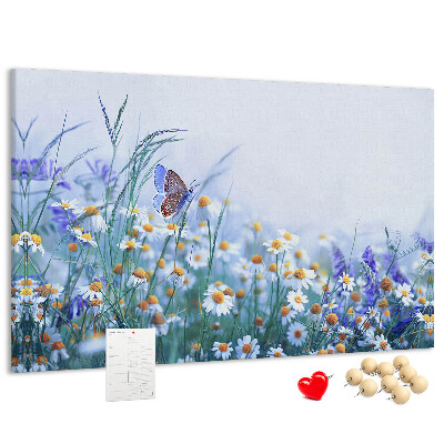 Kork-Pinnwand mit Wiesenmotiv, Schmetterlingen und Blumen