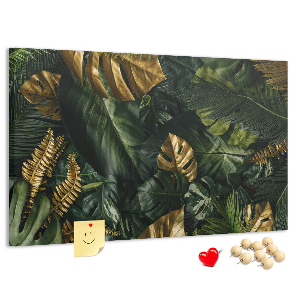 Kork-Pinnwand mit Motiv goldene Blätter auf dunkelgrünem Hintergrund