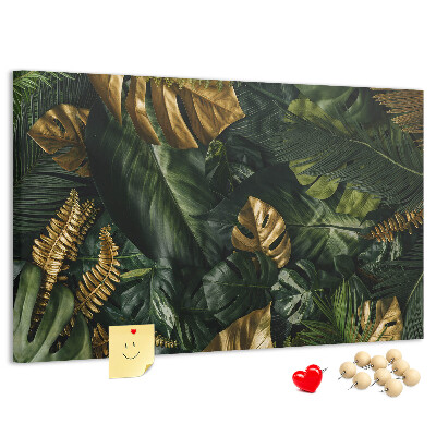 Kork-Pinnwand mit Motiv goldene Blätter auf dunkelgrünem Hintergrund