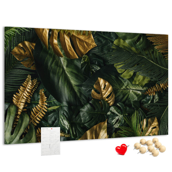 Kork-Pinnwand mit Motiv goldene Blätter auf dunkelgrünem Hintergrund