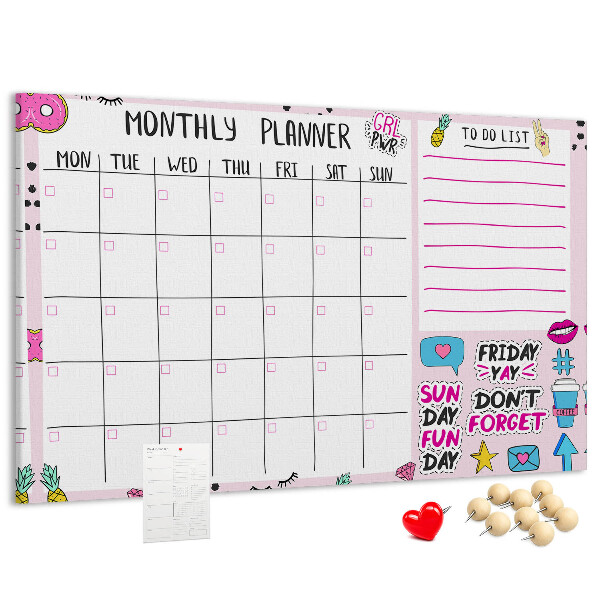Korktafel bunter Monatsplaner mit Motiven