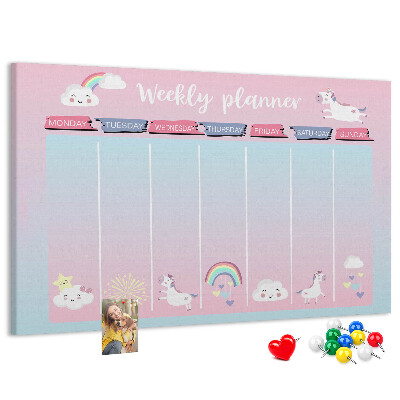 Korktafel Wochenplaner mit bunten Einhörnern