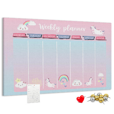 Korktafel Wochenplaner mit bunten Einhörnern