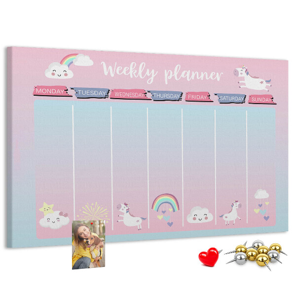 Korktafel Wochenplaner mit bunten Einhörnern