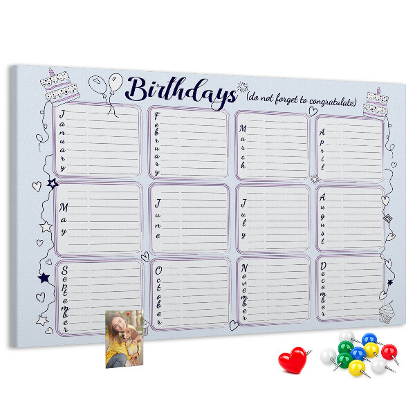 Korktafel Geburtstagskalender mit farbigen Akzenten