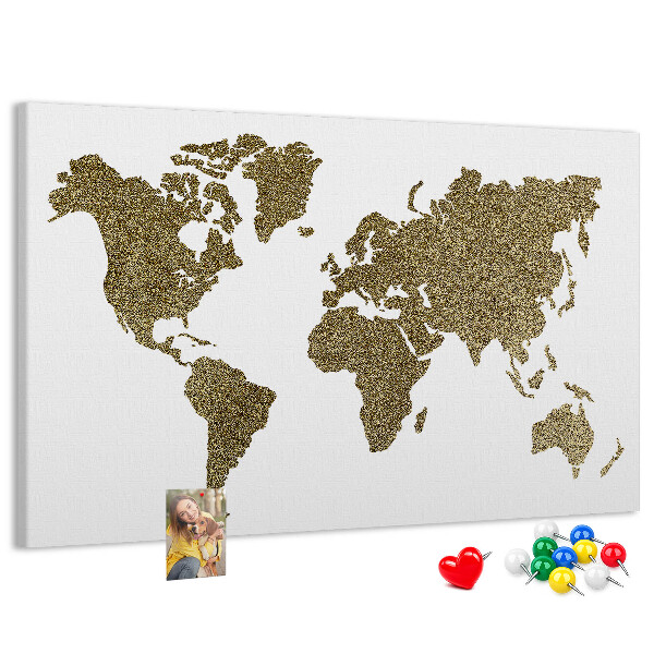 Weltkarte mit Korkrückwand goldenes Design auf weißem Hintergrund
