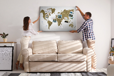 Weltkarte mit Korkrückwand goldenes Design auf weißem Hintergrund