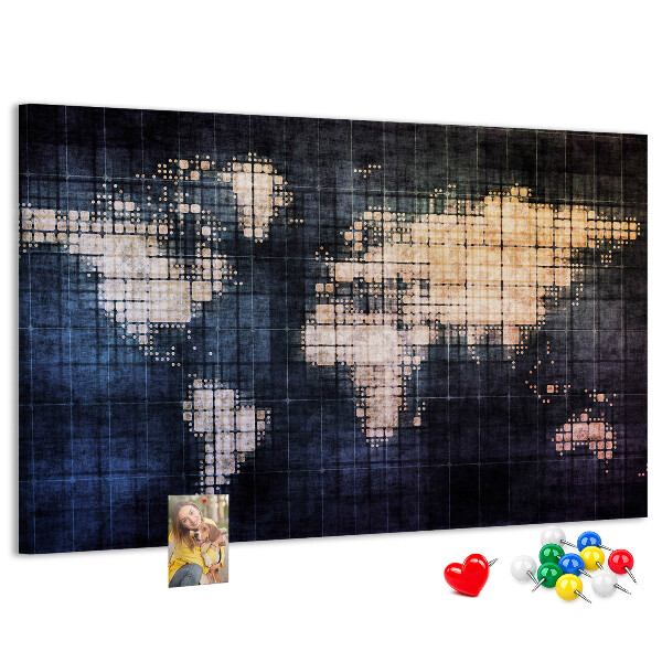 Korktafel mit stilisierter, pixeliger Weltkarte