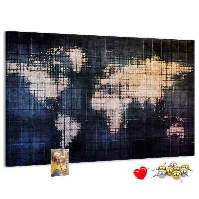 Korktafel mit stilisierter, pixeliger Weltkarte