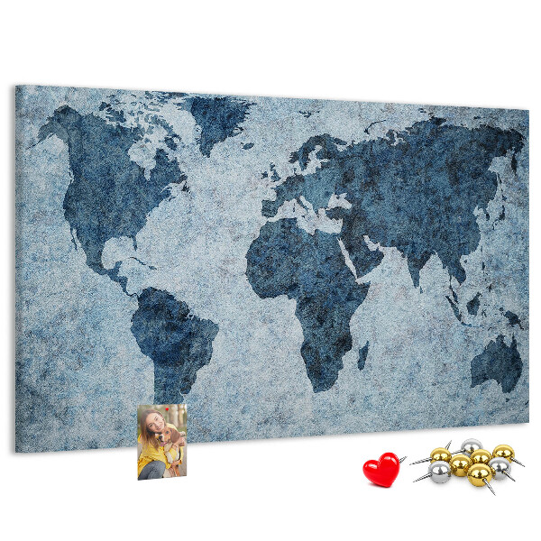 Korktafel mit Motiv einer antiken Weltkarte in Blautönen