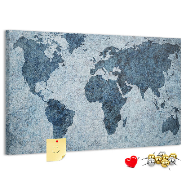 Korktafel mit Motiv einer antiken Weltkarte in Blautönen