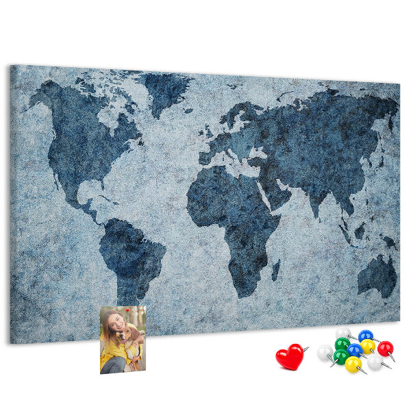 Korktafel mit Motiv einer antiken Weltkarte in Blautönen