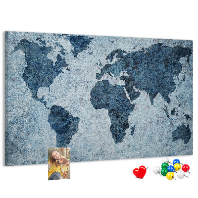 Korktafel mit Motiv einer antiken Weltkarte in Blautönen