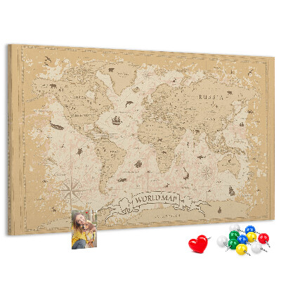 Weltkarte mit Korkrückwand antike Karte mit geografischen Details