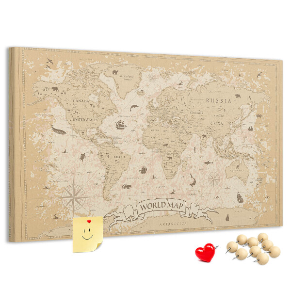 Weltkarte mit Korkrückwand antike Karte mit geografischen Details