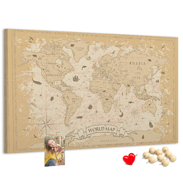 Weltkarte mit Korkrückwand antike Karte mit geografischen Details