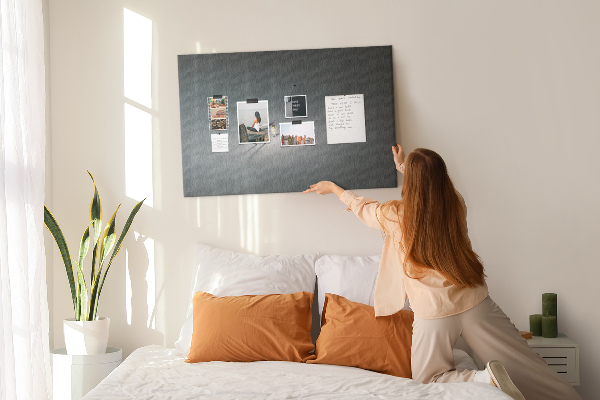 Wandbild mit Korkrückwand Motiv mit Lampenlicht auf einem dunklen Pfad