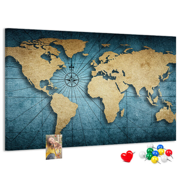 Korktafel mit Motiv einer antiken Weltkarte mit Kompass