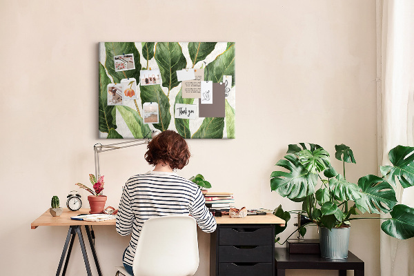 Korktafel mit Motiv tropische Blätter in Grüntönen