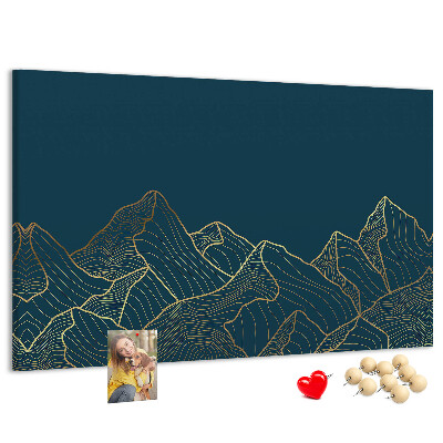 Kork-Pinnwand mit goldenen Bergumrissen auf dunklem Hintergrund
