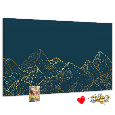 Kork-Pinnwand mit goldenen Bergumrissen auf dunklem Hintergrund