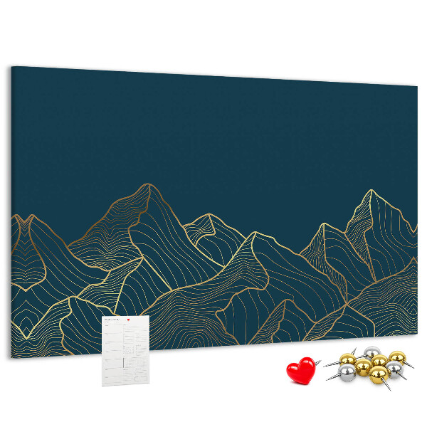 Kork-Pinnwand mit goldenen Bergumrissen auf dunklem Hintergrund