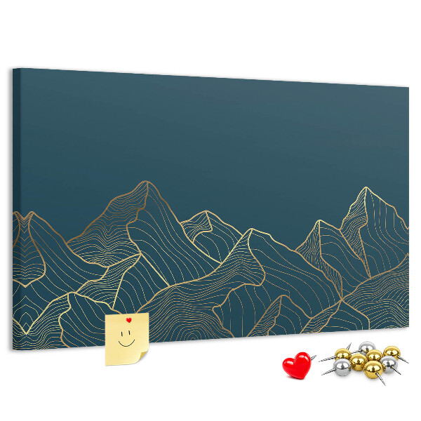 Kork-Pinnwand mit goldenen Bergumrissen auf dunklem Hintergrund