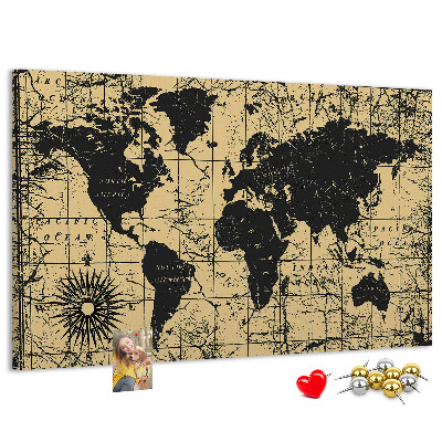 Korktafel mit Motiv einer antiken Weltkarte in Schwarz und Gold