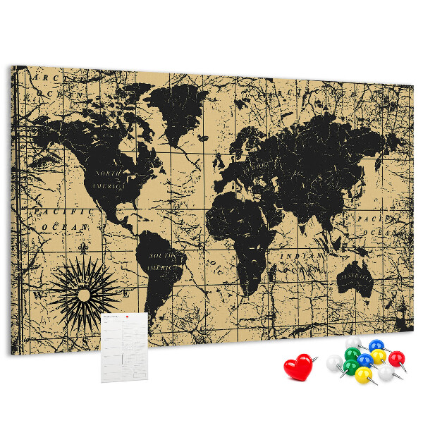 Korktafel mit Motiv einer antiken Weltkarte in Schwarz und Gold