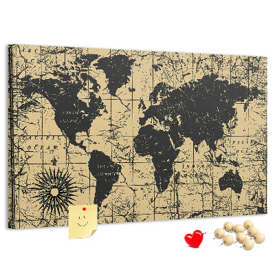 Korktafel mit Motiv einer antiken Weltkarte in Schwarz und Gold