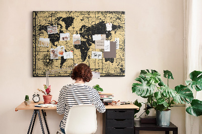 Korktafel mit Motiv einer antiken Weltkarte in Schwarz und Gold