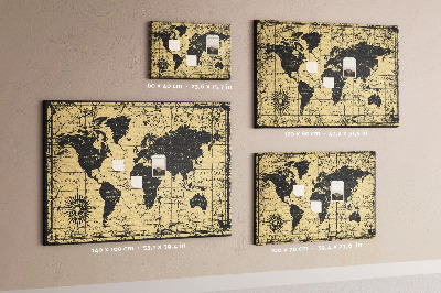 Korktafel mit Motiv einer antiken Weltkarte in Schwarz und Gold