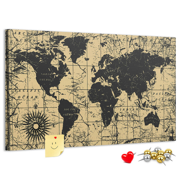 Korktafel mit Motiv einer antiken Weltkarte in Schwarz und Gold