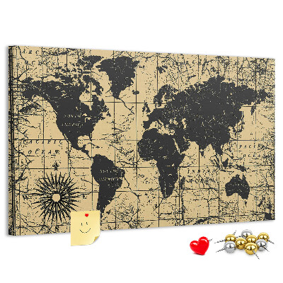 Korktafel mit Motiv einer antiken Weltkarte in Schwarz und Gold